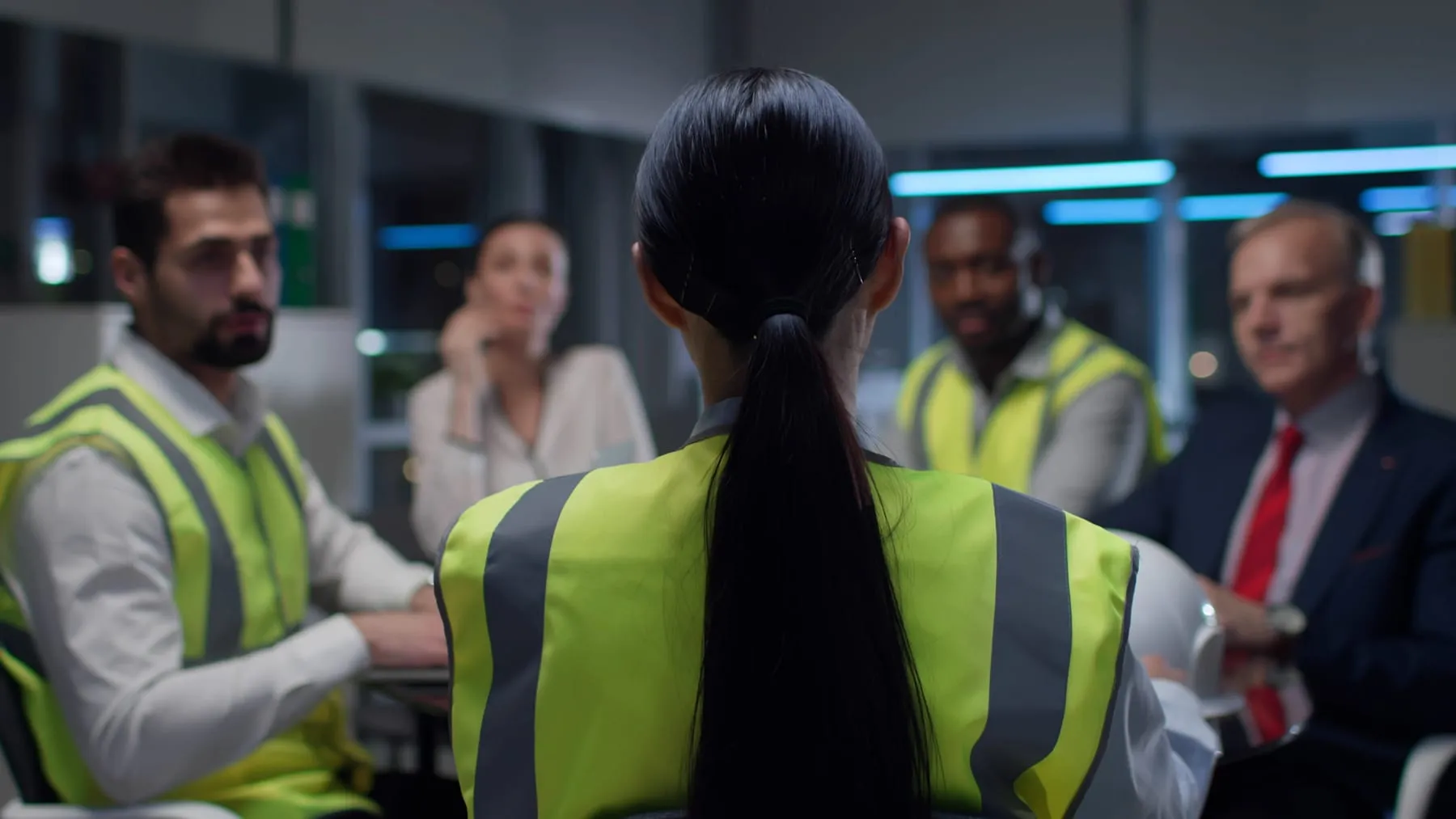 Back view female engineer leading meeting with contractors modern office