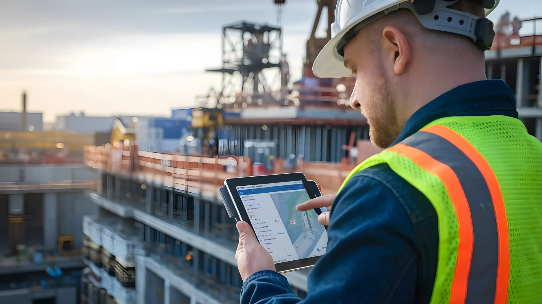 Construction worker is using tablet ship
