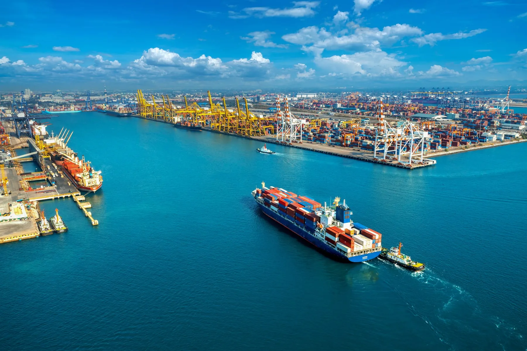 Aerial view cargo ship cargo container harbor entry