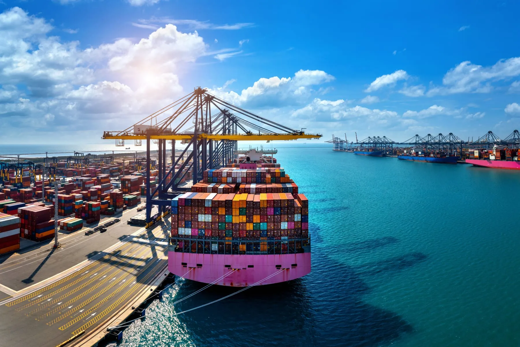 Aerial view cargo ship cargo container harbor