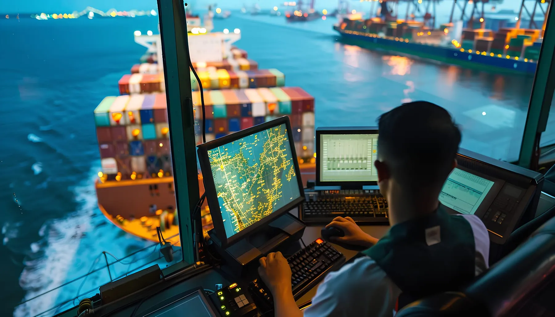 Logistics chain cargo movement interactive screen logistics office against backdrop port