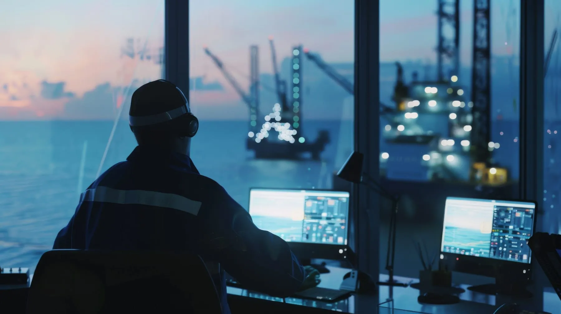 Worker wearing headphones uniform sits front computer screens overseeing bustling industrial scene through large windows dusk