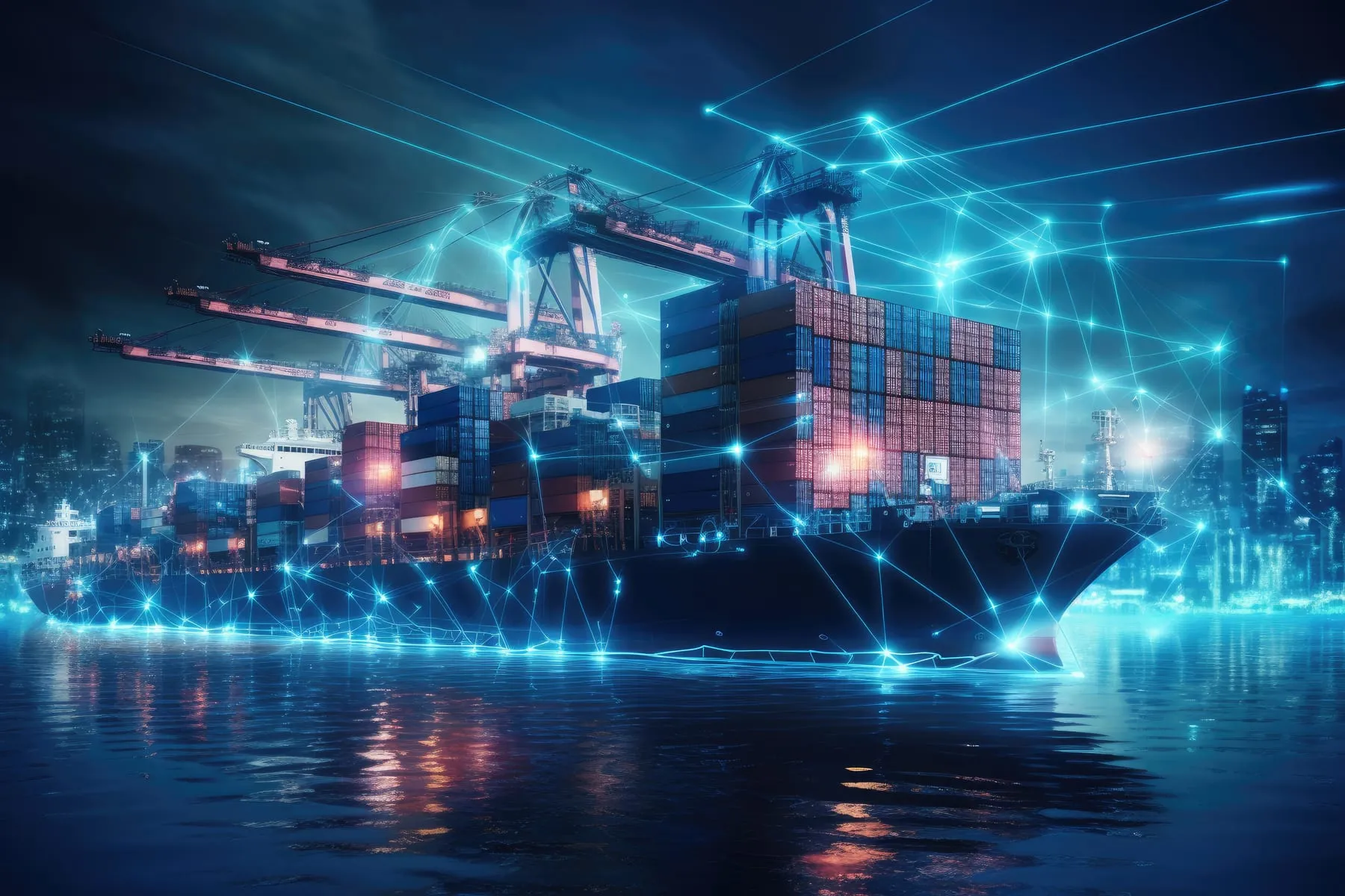 Containers shipping harbor night with connection lines mixed media incorporating new tech ship transport cargo regulation ai generated