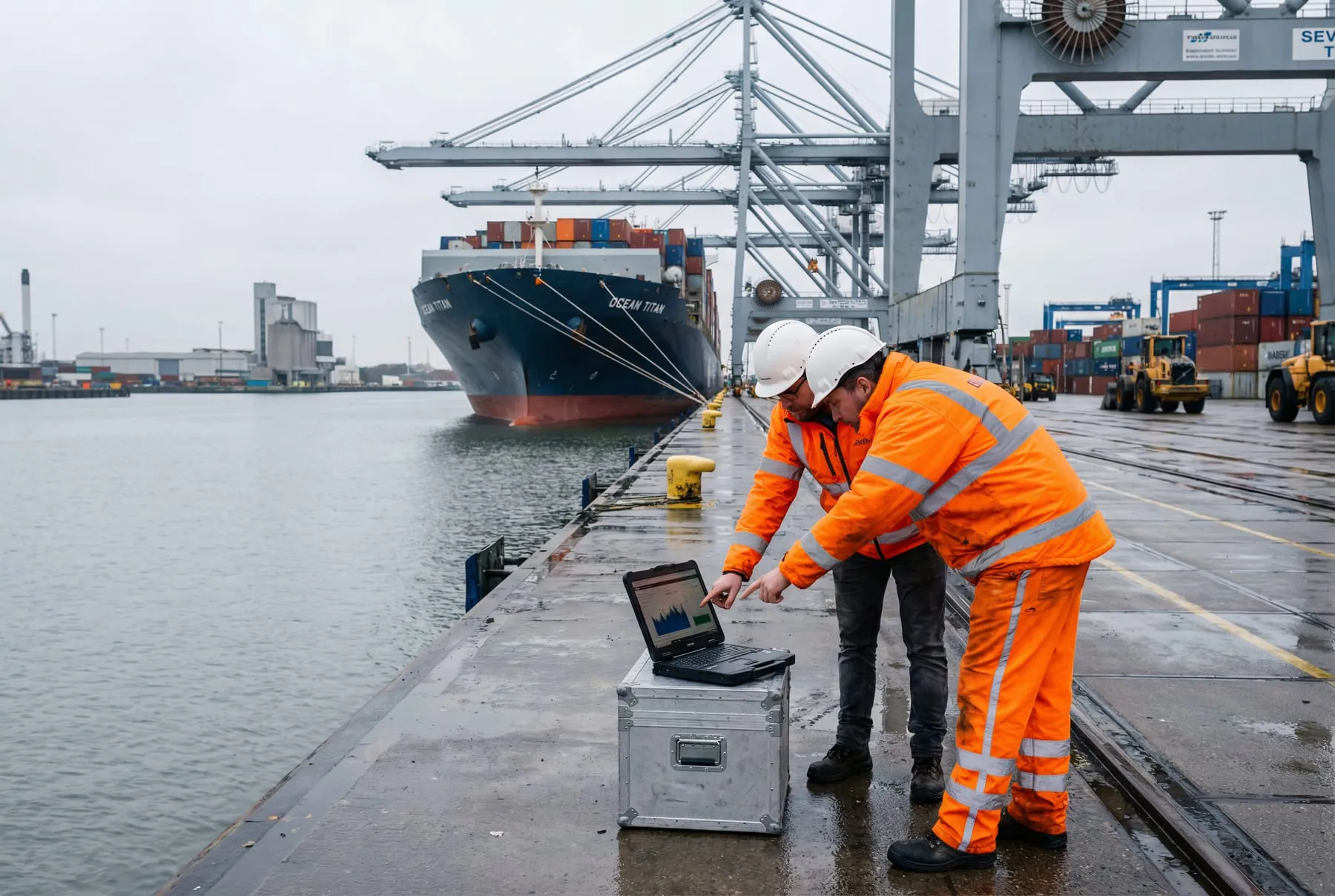 Dock workers orange safety gear using laptop cargo data analysis container port maritime