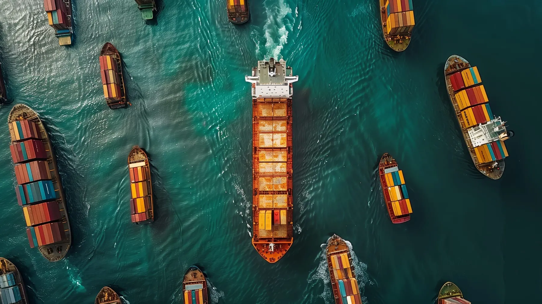 Busy shipping harbor with multiple container ships navigating through water dawn