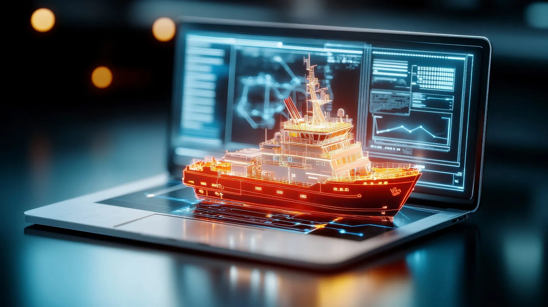 Laptop displays holographic ship model showcasing advanced technology design
