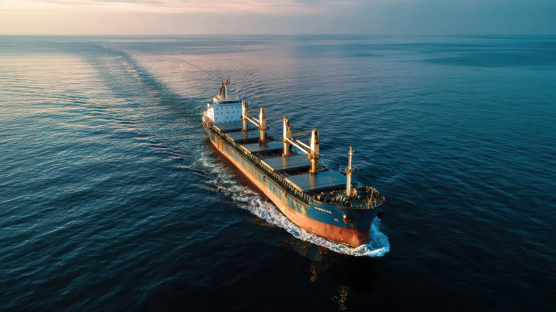 Cargo ship sailing open ocean sunset