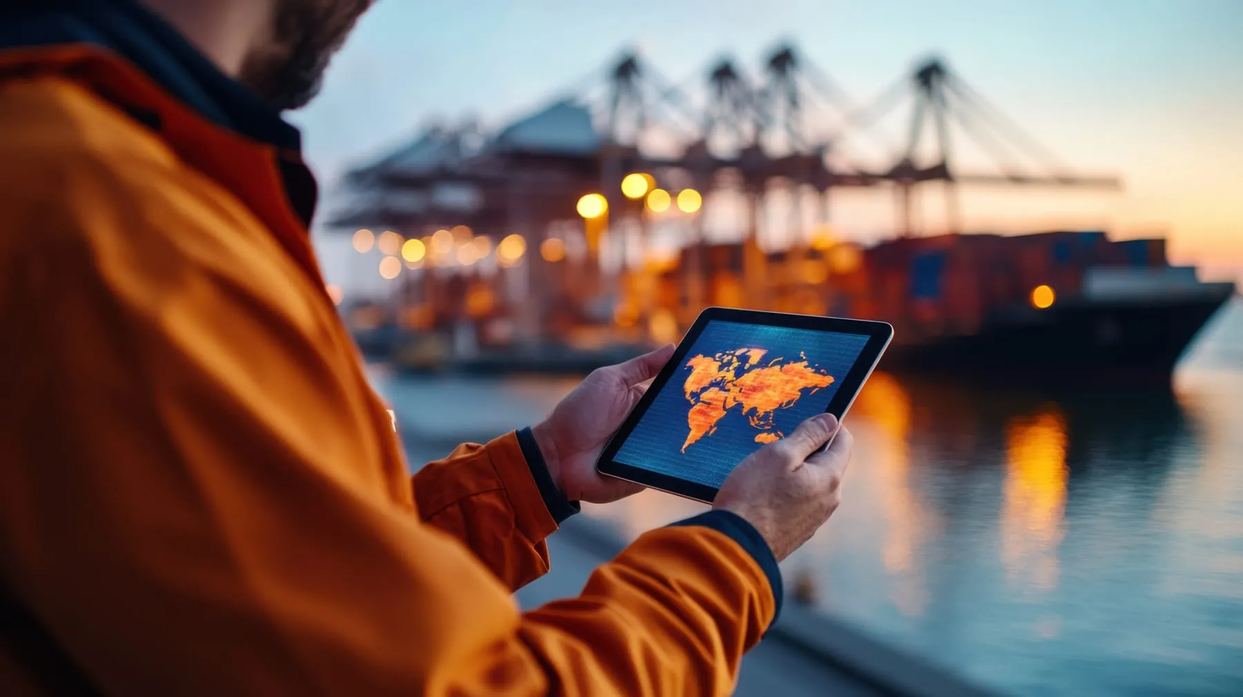 Person using tablet view global map dusk port with container ships cranes highlighting technology39s role modern shipping logistics
