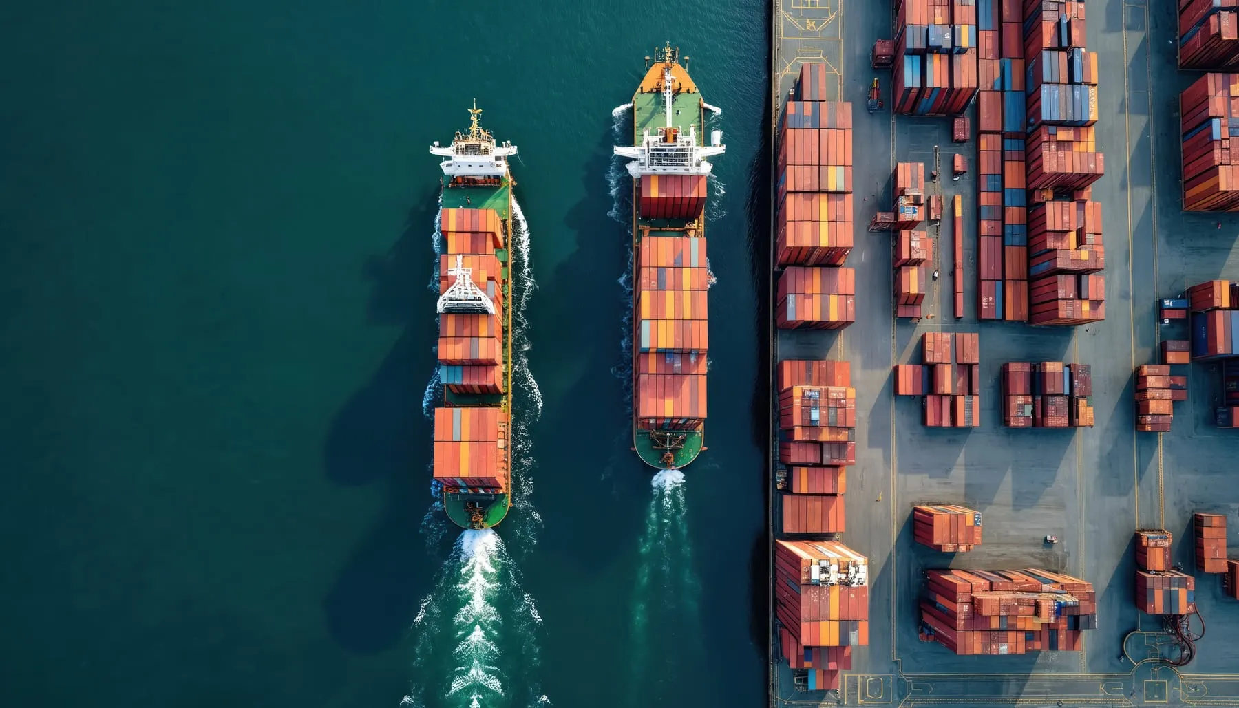 Aerial view busy port cargo ships tied up dock colourful shipping containers stacked neatly