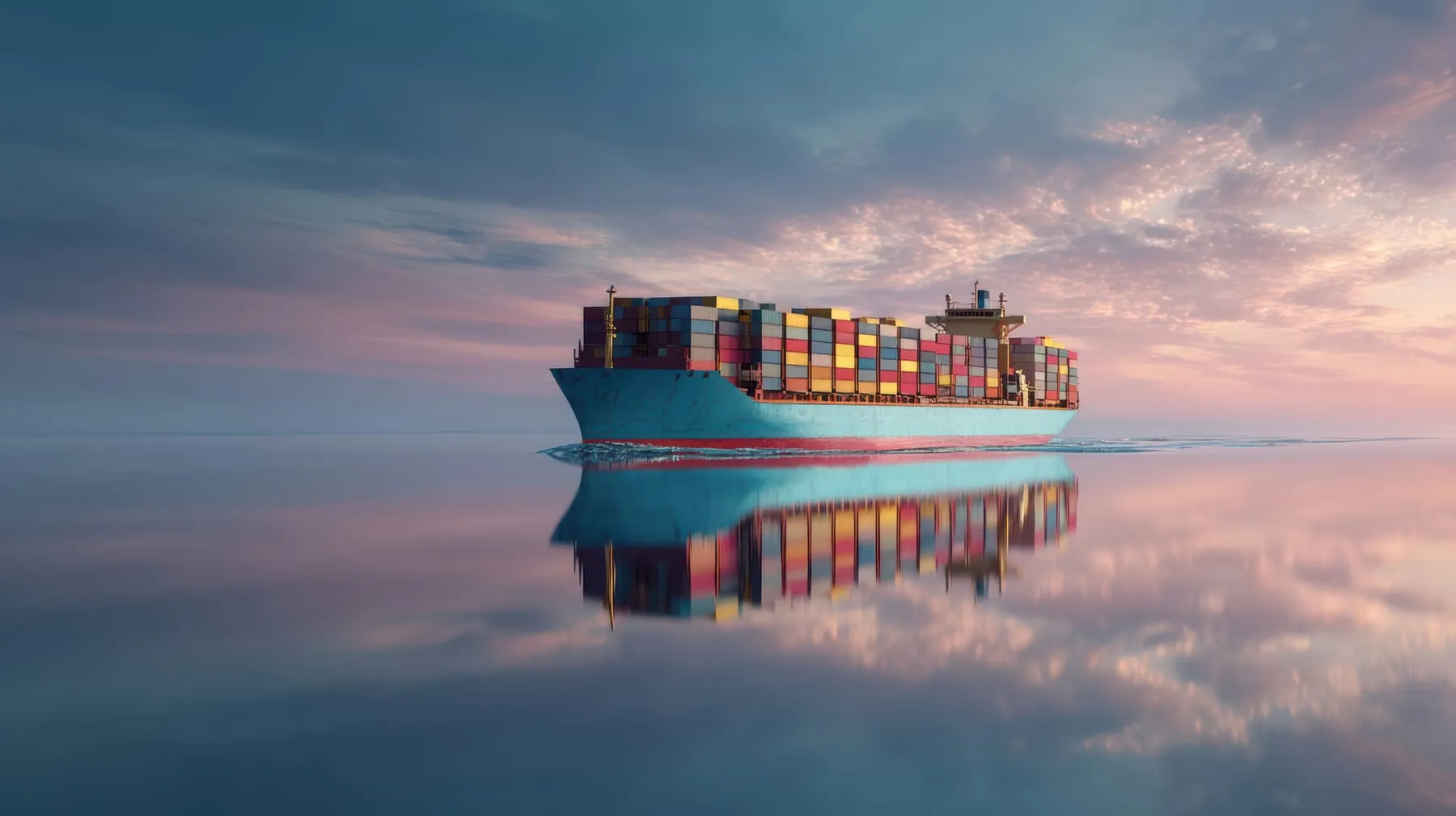 Container ship sailing calm ocean sunset
