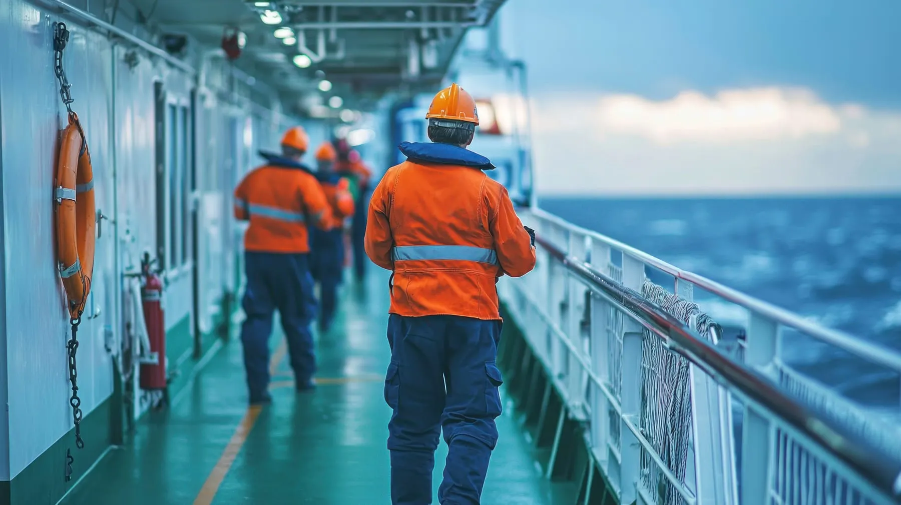Ferry crew uniforms performing safety checks deck