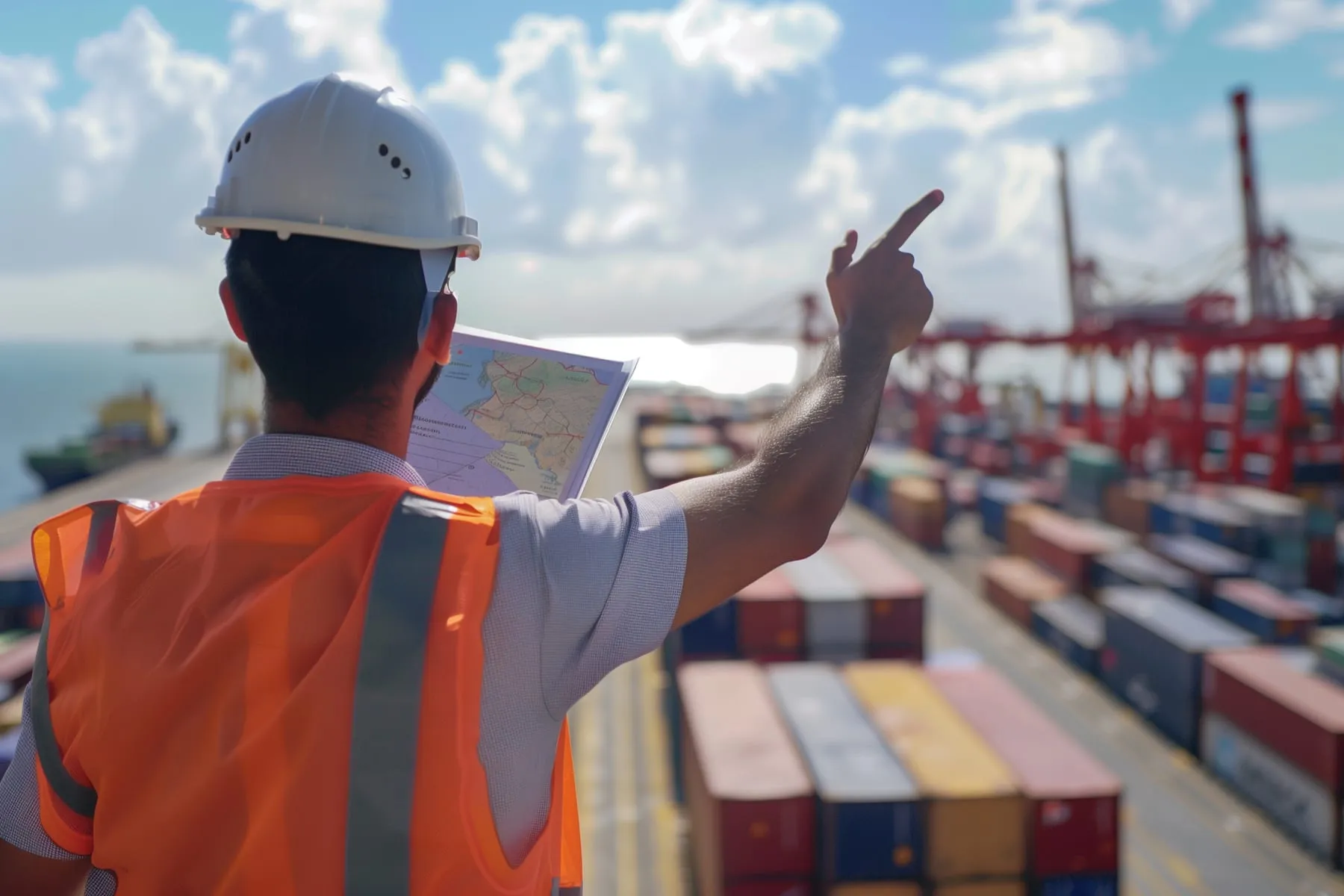 Foreman control loading containers box from cargo freight ship import export by