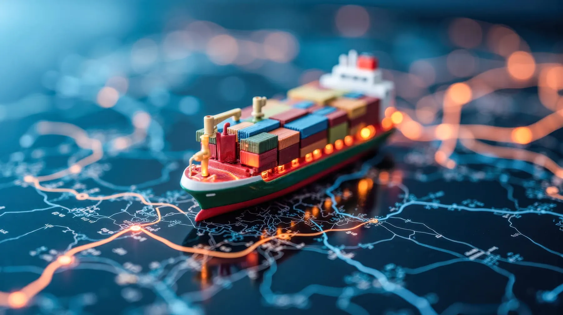 Small cargo ship model bright world map showing global shipping routes international logistics trade transport supply chain management