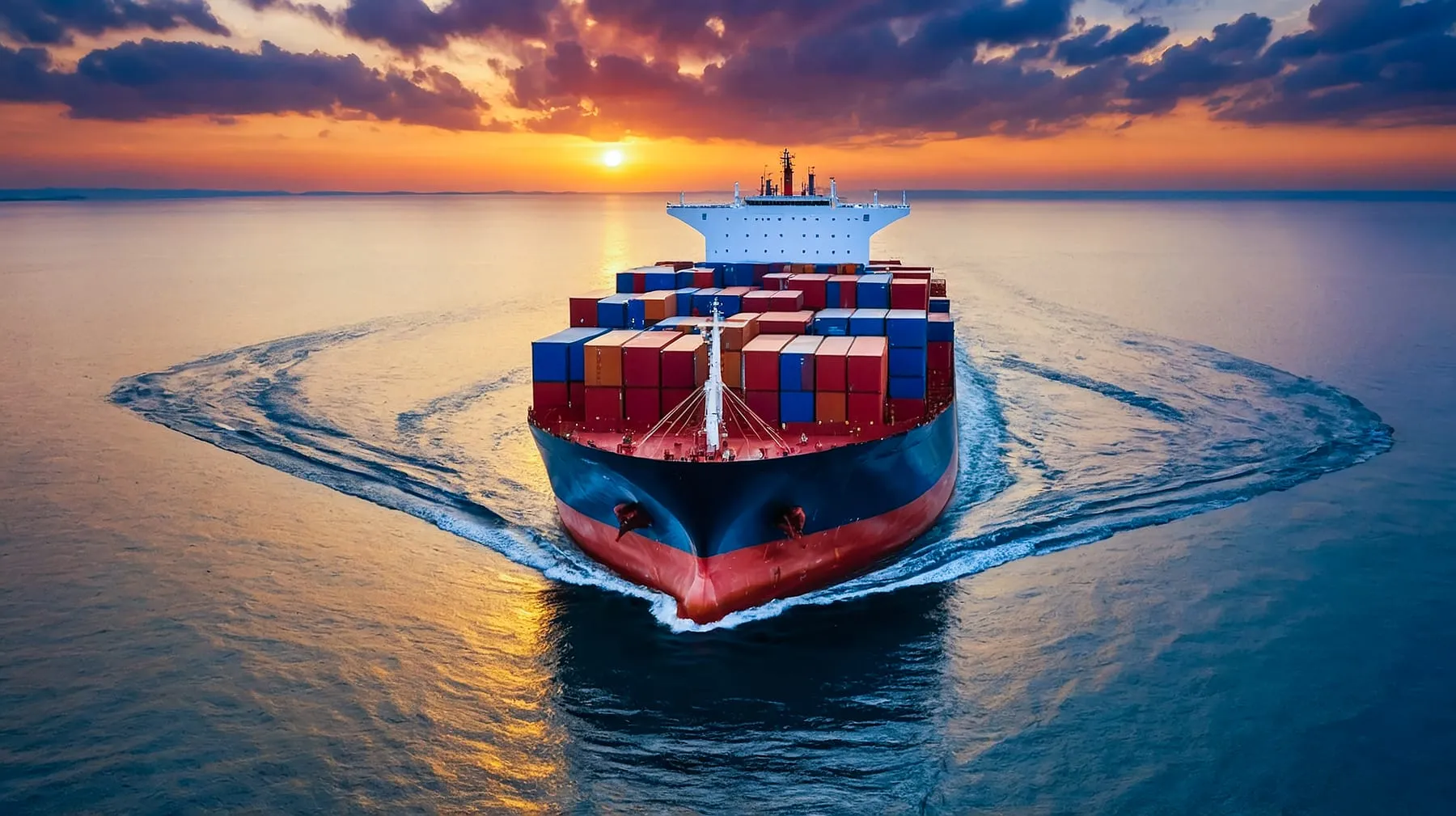 Large cargo ship carrying containers ocean sunset sky background