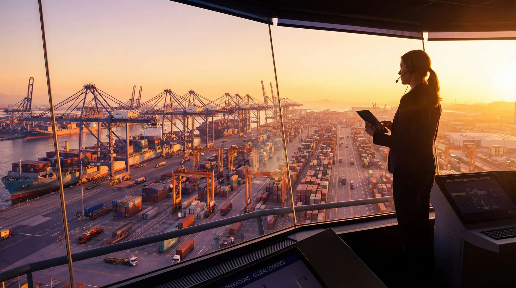 Port operations control tower sunset