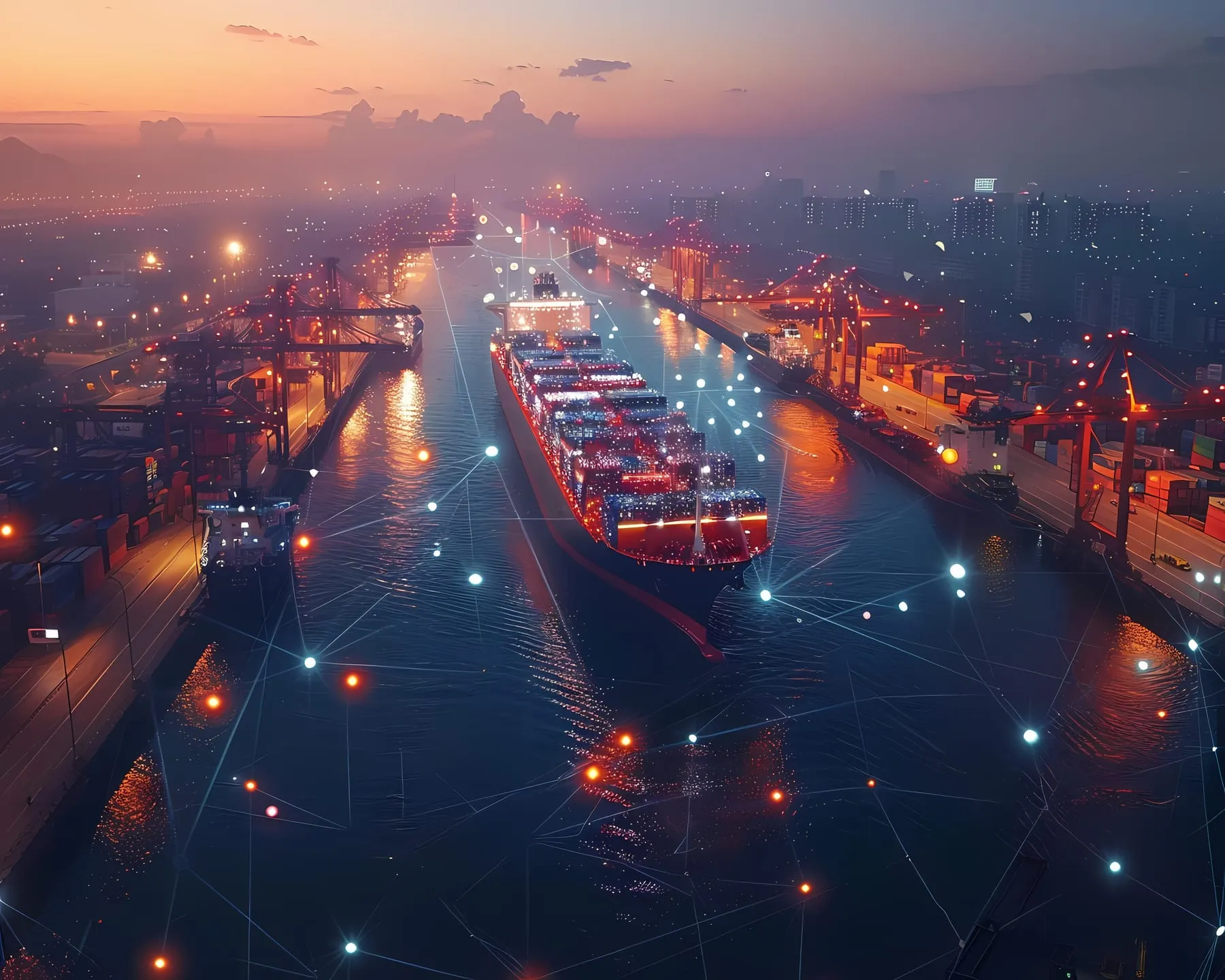 Logistics means transport together with technological futuristic holograms 2