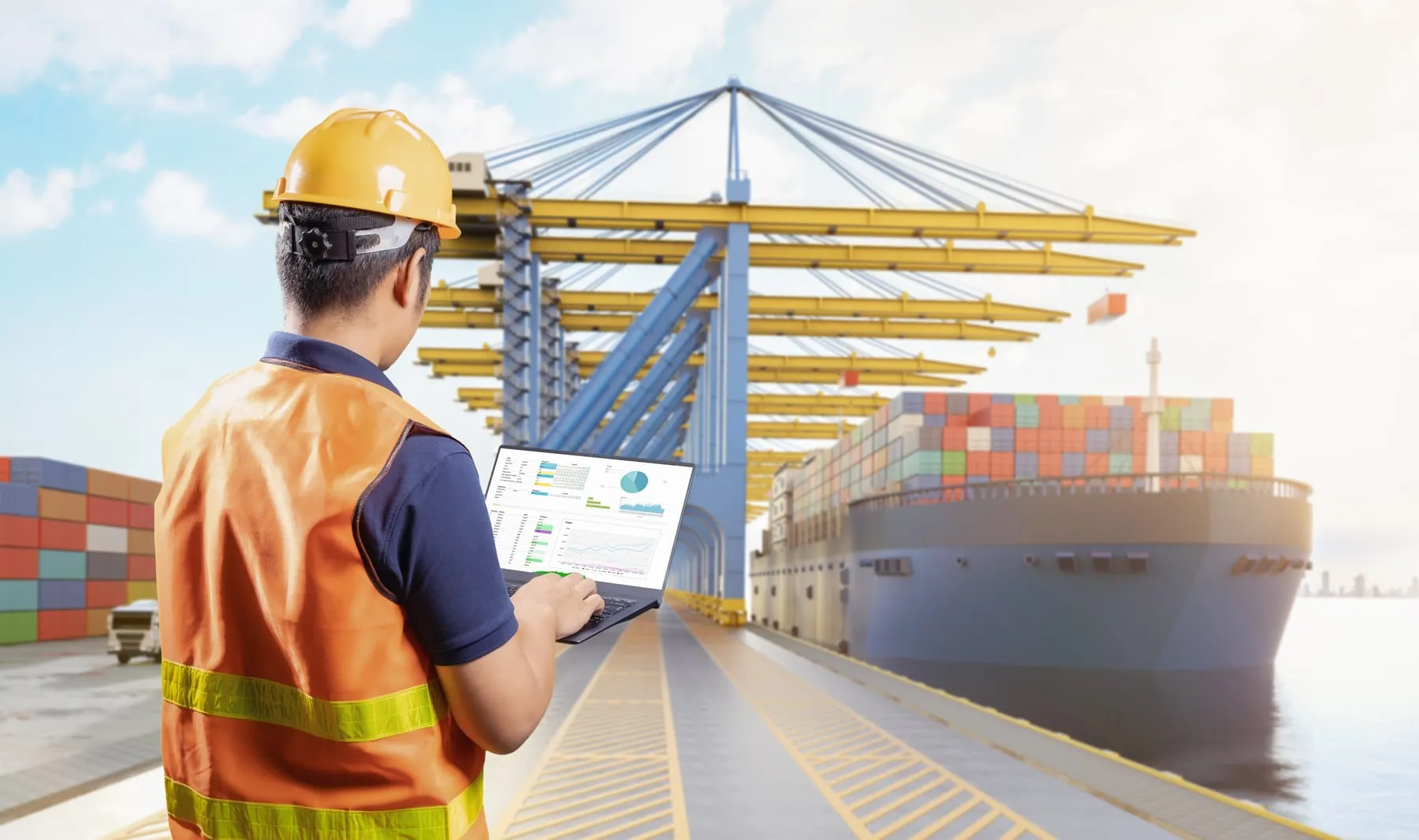 Engineer asian worker work container terminal port