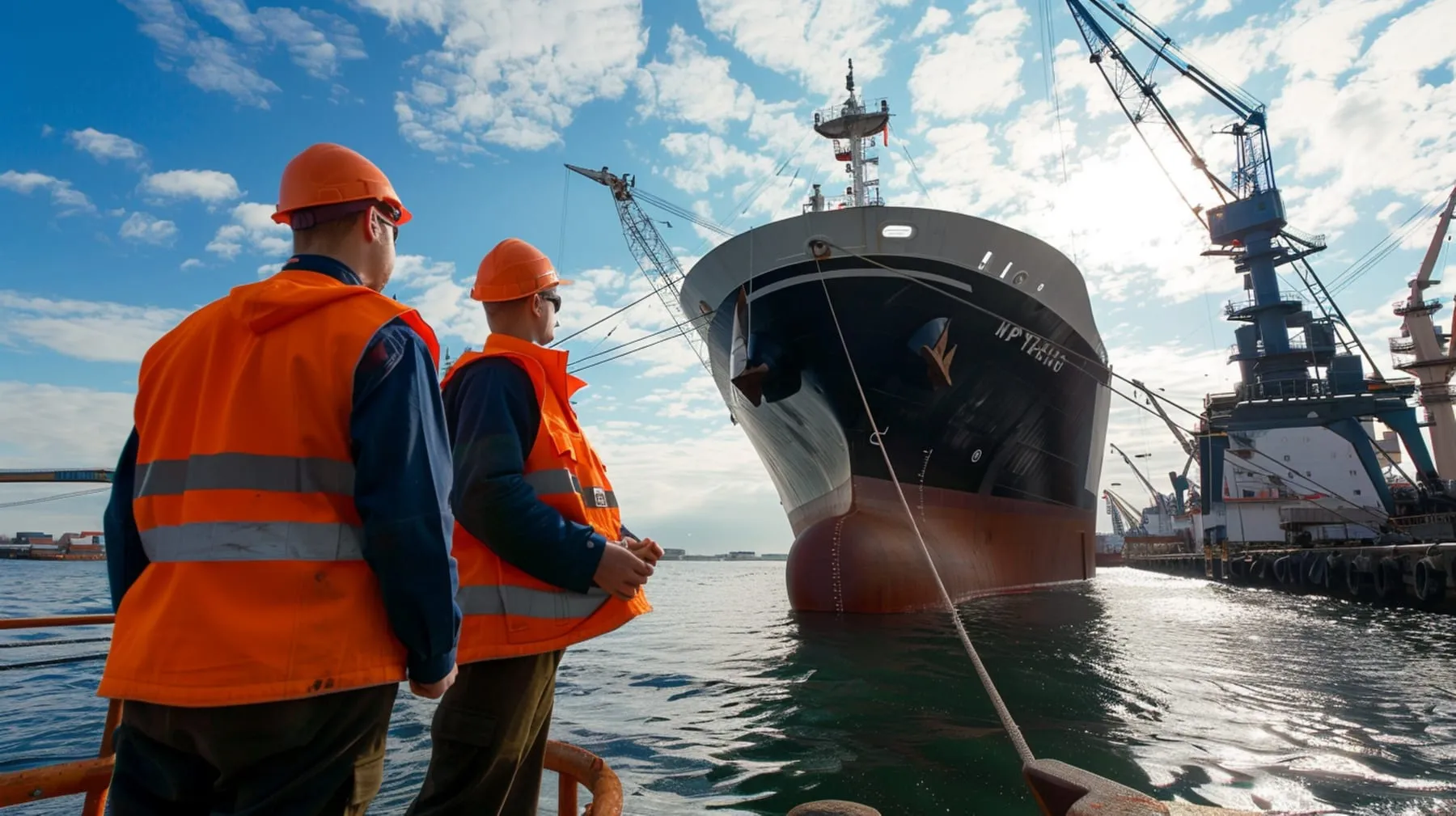 Dockworkers guiding large cargo ship into port collaborative strategic