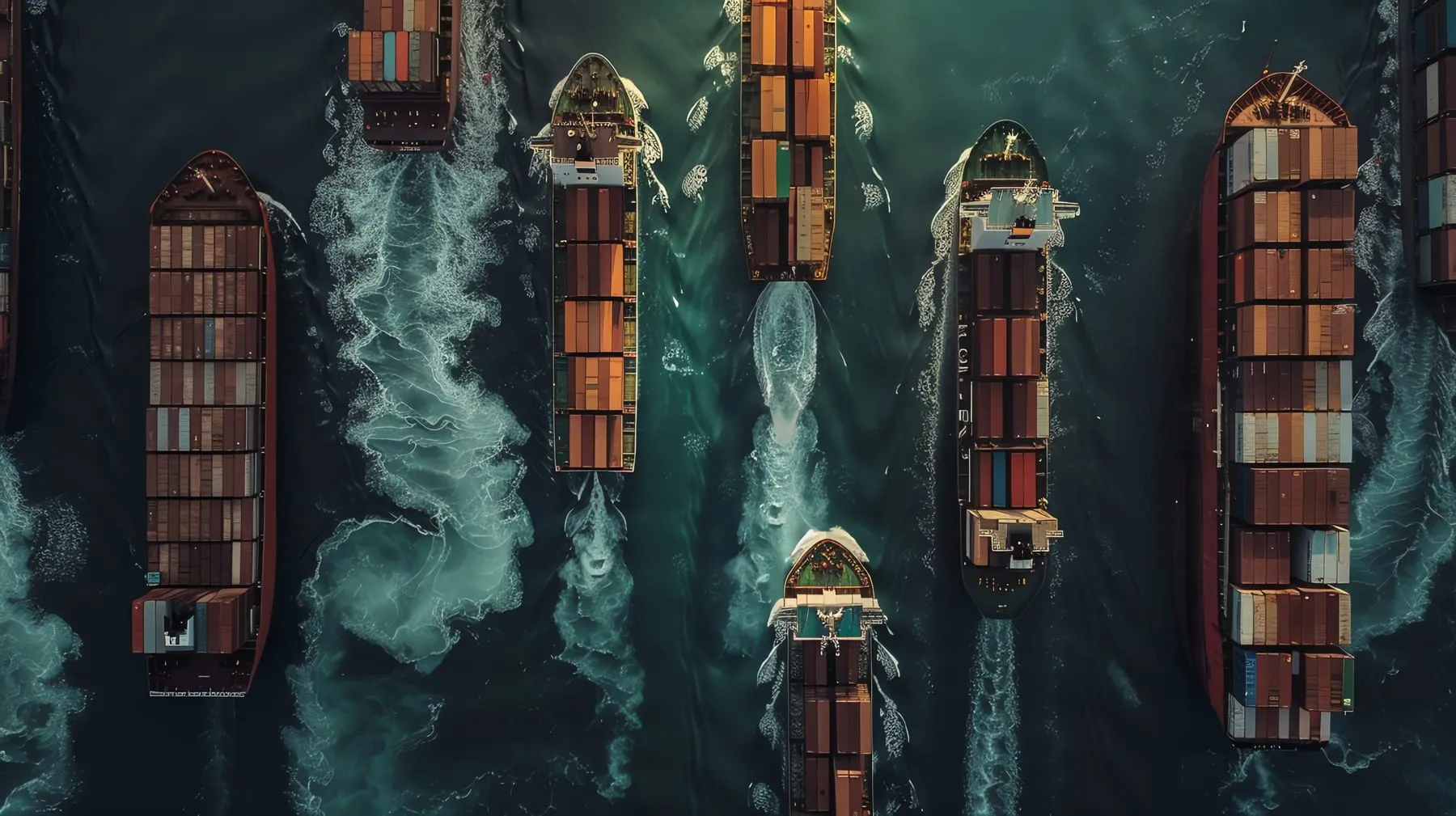 Aerial view multiple cargo ships busy shipping lane