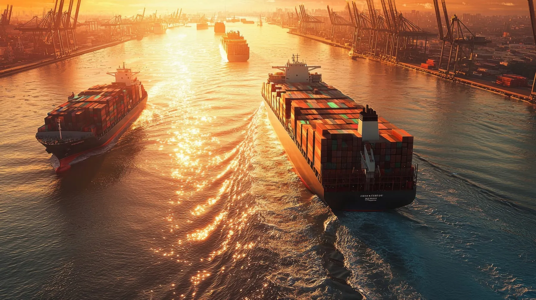 Aerial view cargo ships navigating through busy shipping channel global flow goods commerce