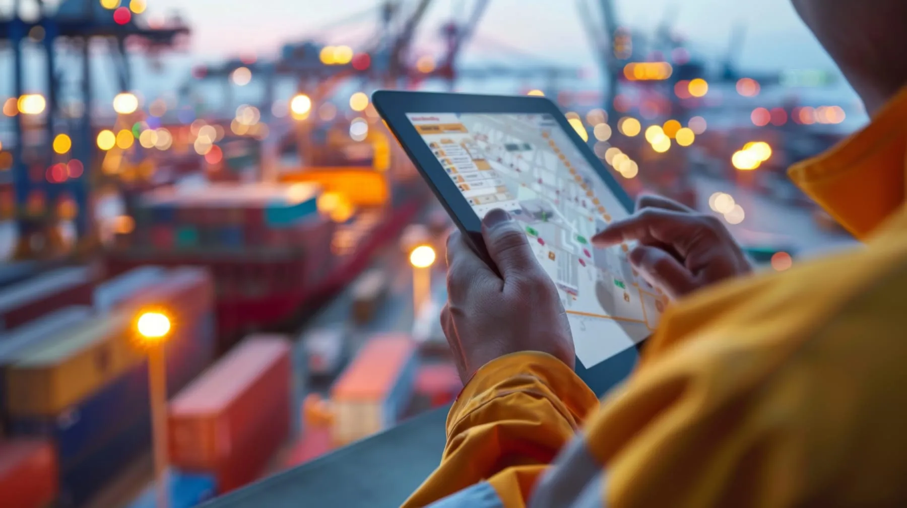 Logistics worker managing cargo shipment with tablet busy commercial shipping port dusk