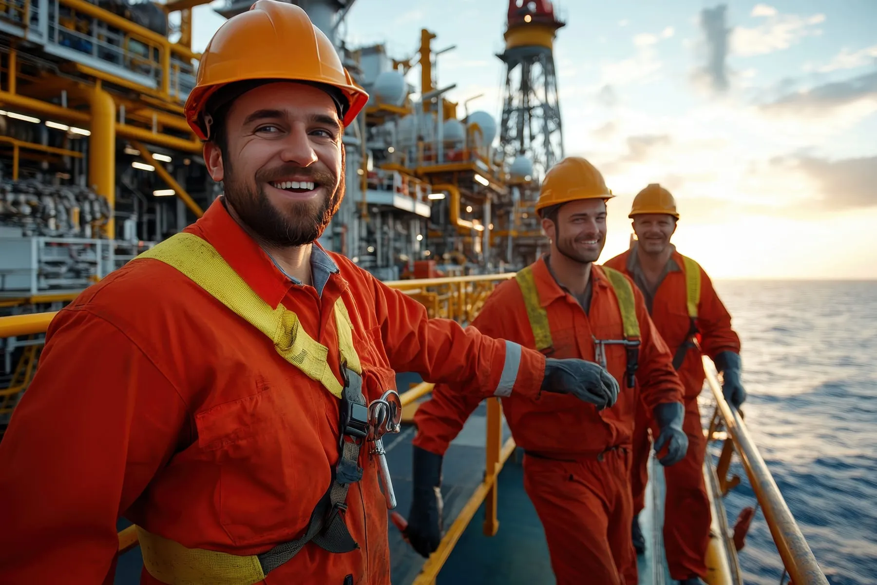 Offshore oil processing petroleum engineer crew members managing production operations