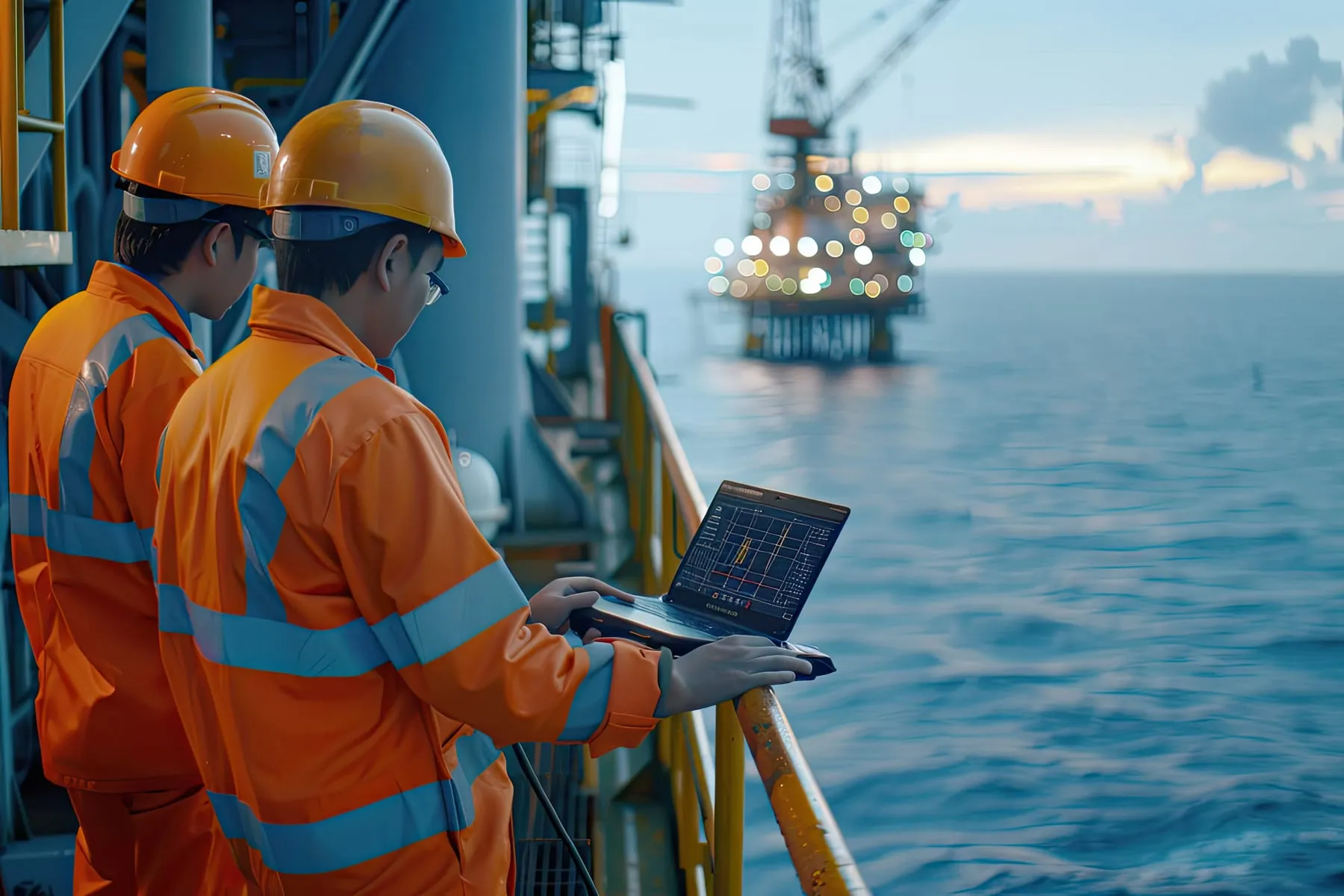 Oil engineers inspecting industrial safety system offshore platform