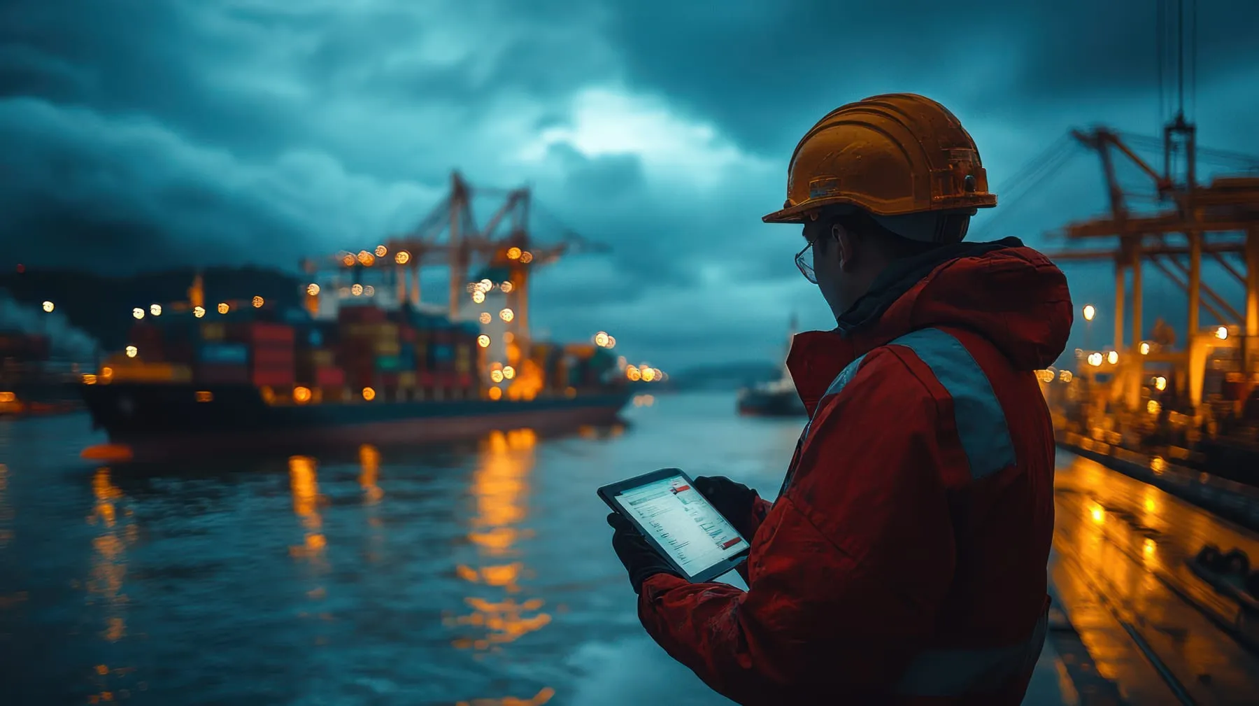 Worker using tablet night shipping port
