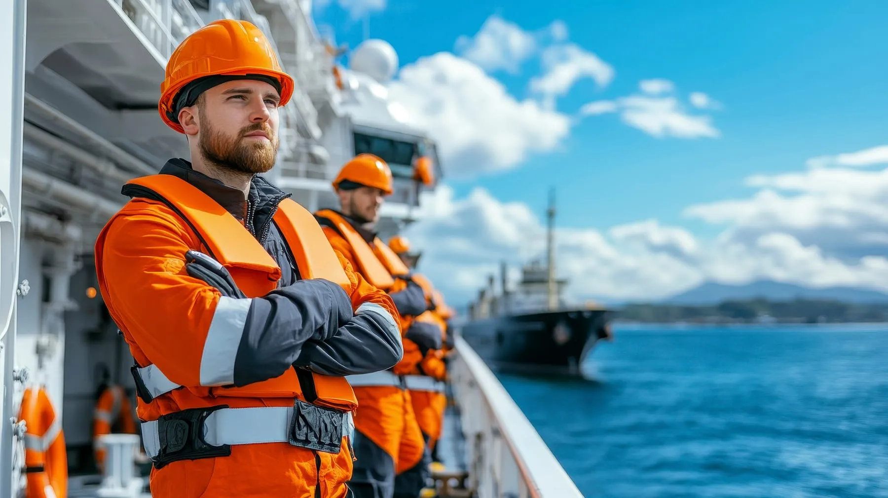 Workers orange safety gear stand ship overlooking water distant vessel