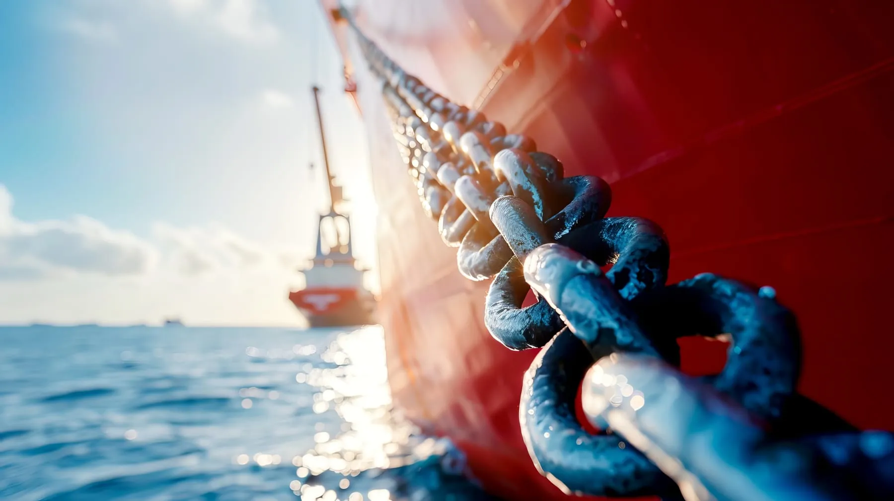 Heavy mooring chain attached to a ship in bright sunlight
