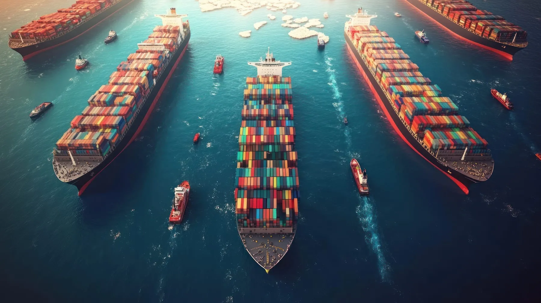 Aerial view cargo ships laden with containers navigating busy shipping route