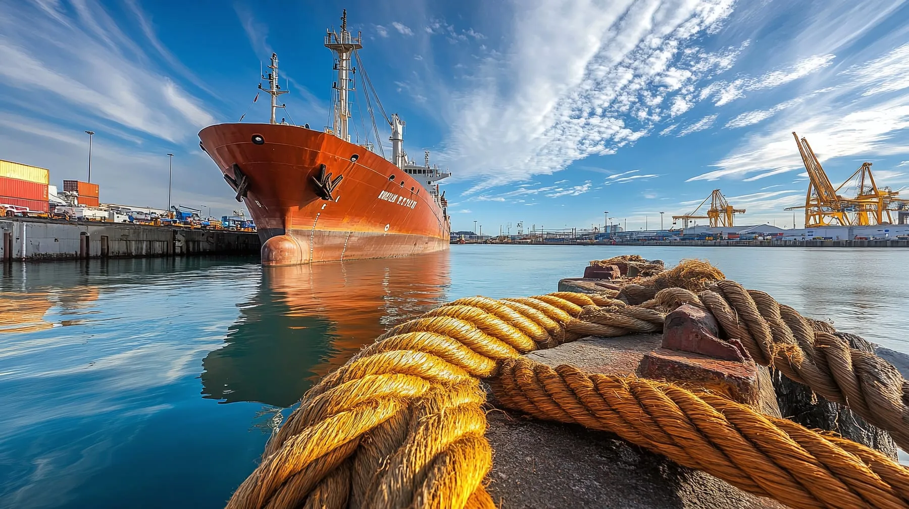 Industrial port with cargo ship moored alongside cranes and shipping infrastructure
